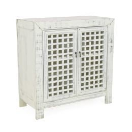 Rio Accent Cabinet - Vintage Pie Safe Inspiration - Lattice Work Front, Remote-Friendly - Farmhouse Style, Distressed White Finish - Perfect for Casua