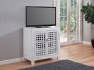 Rio Accent Cabinet - Vintage Pie Safe Inspiration - Lattice Work Front, Remote-Friendly - Farmhouse Style, Distressed White Finish - Perfect for Casua