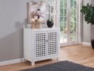 Rio Accent Cabinet - Vintage Pie Safe Inspiration - Lattice Work Front, Remote-Friendly - Farmhouse Style, Distressed White Finish - Perfect for Casua