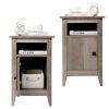 Set of 2 Narrow Nightstand, Wooden Side Table with Open Shelf and Cabinet, Rustic End Table for Living Room, Bedroom, Grayish Brown